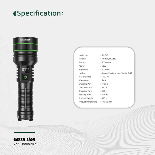 چراغ قوه دستی گرین لاین مدل GNHR3000LMBK با نور مهتابی 103004349