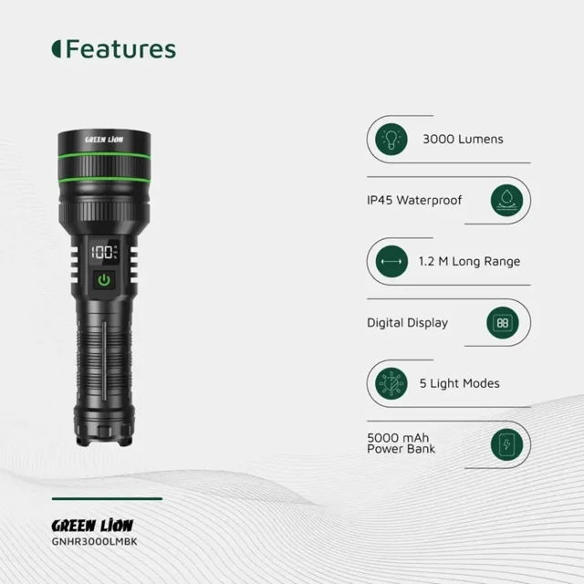 چراغ قوه دستی گرین لاین مدل GNHR3000LMBK با نور مهتابی 103004346